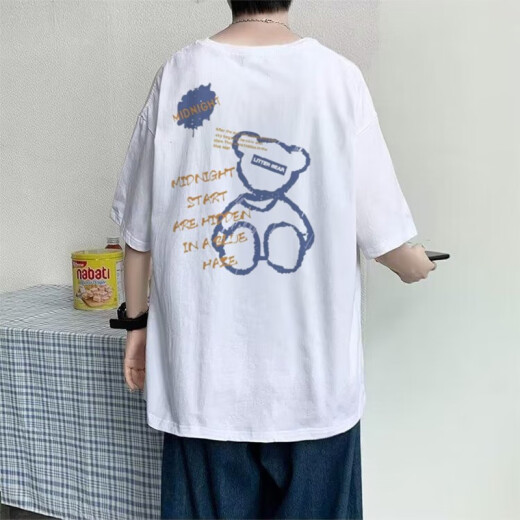 7家优品美式小熊印花男士短袖男女夏季情侣可爱简约短袖t恤男休闲男士t恤 A+FS-F1349白色 XL
