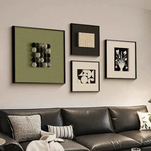 Jiancao three-dimensional sandstone Italian minimalist living room decorative painting high-end sofa background wall hanging painting medieval style restaurant mural A small set: 50*50+30*30*2+40*40cm Black [aluminum alloy frame] Three-dimensional solid wood painting + textured sandstone + woven leather