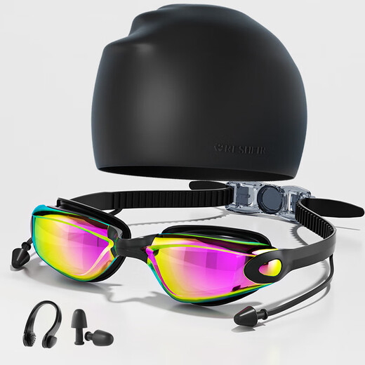 Adult swimming goggles HD waterproof and anti-fog silicone swimming goggles set colorful red + nose clip earplugs + bag