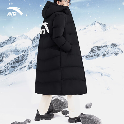 ANTA Long Cotton Jacket Men's 2026 Spring New Water-Repellent, Windproof and Velvet Warm Men's Hooded Jacket Sportswear Basic Black Water-Repellent Technology-Long Hooded Cotton Jacket XL /180