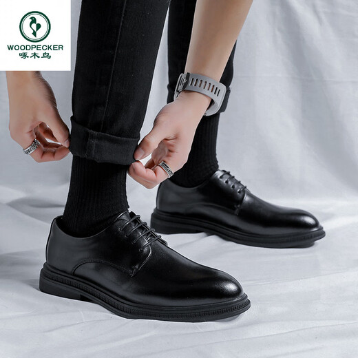 Woodpecker niche imitation leather casual shoes spring business formal leather shoes inner heightened suit wedding groom shoes lace-up inner heightened M4882 black 43