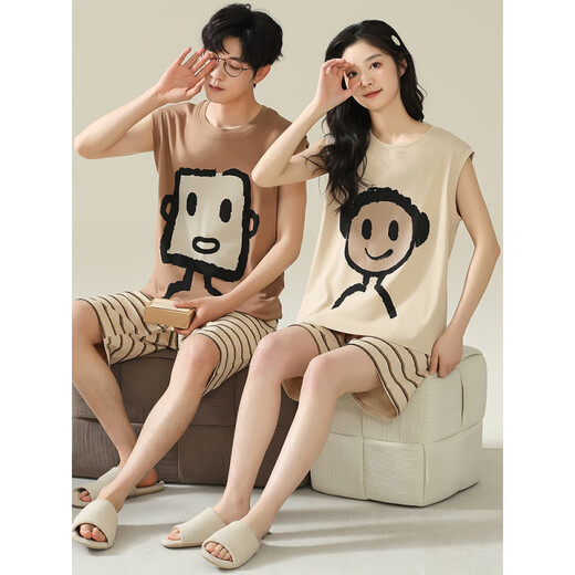 猫人（MiiOW）100%纯棉情侣睡衣一男一女夏天薄款可外穿卡通无袖背心家居服套装 719 M 女送男L