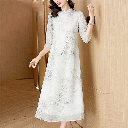 OLJ high-end brand dress for women 2025 summer new printed and modified cheongsam new Chinese style Zen Chinese style skirt gray L 90-115Jin [Jin equals 0.5 kg]