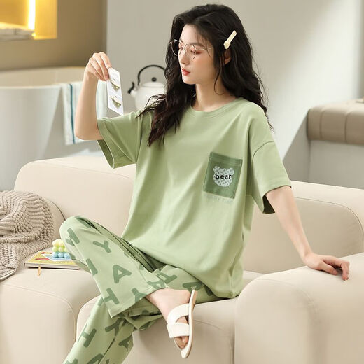 Langsha 100% pyjamas en coton pur pour les femmes au printemps et en été pantalon à manches courtes Femmes lâches décontractées Vêtements de maison de style coréen pour le costume d'automne T-9711 (pantalon à manches court)