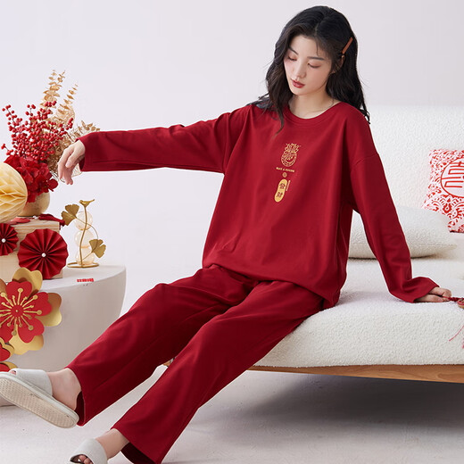 帕兰朵女士睡衣套装结婚喜庆家居服2025春夏纯棉红色本命年圆可外穿睡衣 帕-QM 9227女 M 帕-(女)