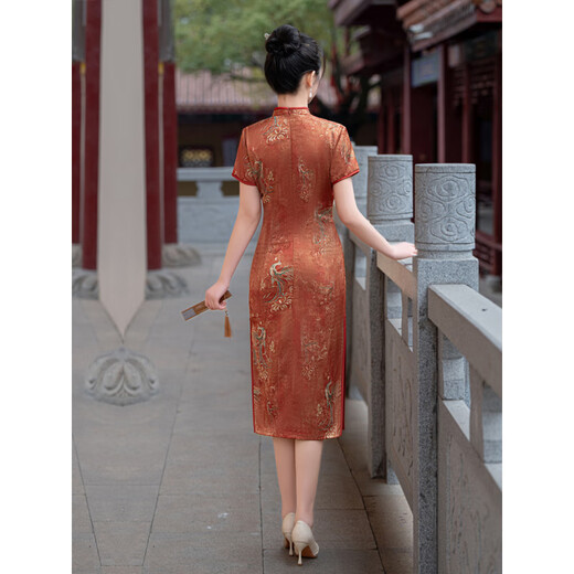 布力潘送考旗袍中国风小个子高考旗袍妈妈考日常可穿连衣裙轻夏装加大码 桔红色款1278 M