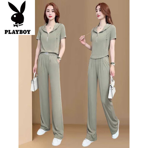 花花公子（PLAYBOY）小香风运动服套装女2025夏季新款时髦感上衣垂感阔腿裤两件套 黑色【上衣+裤子】好质量套装-旗 M 【建议80-95斤】