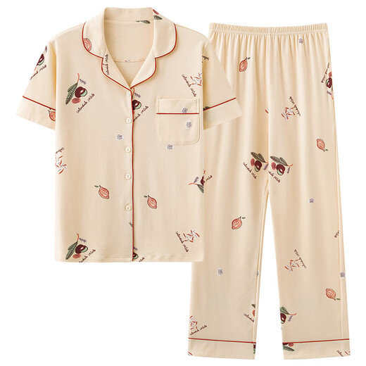 雅鹿2025新款睡衣女款夏季薄款棉短袖长裤开衫家居服棉套装 Y9718  不起球 L 建议100-120斤穿