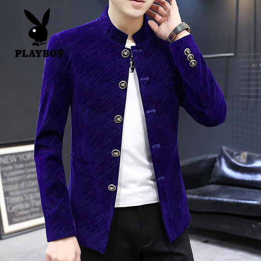 Playboy (PLAYBOY) Stand Collar Casual Suit Men's Korean Style Trendy Tunic Men's Youth Small Suit Spring and Autumn Top Men's Jacket 1898 Black Velvet XL 175