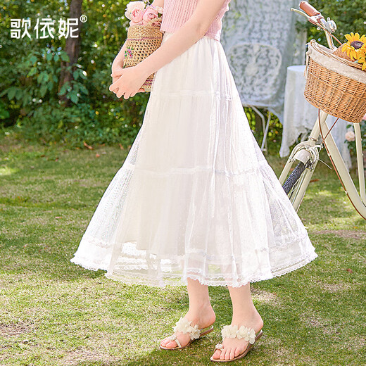 歌依妮夏季新款女装白色蕾丝裙百褶裙A字裙雪纺裙子半身长裙半身裙 白色 S