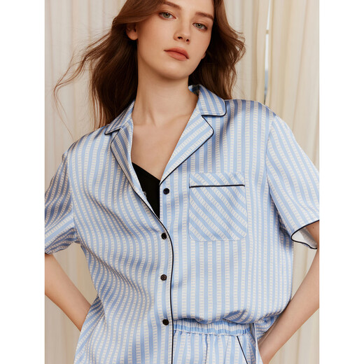 ELLE French Striped Lounge Suit Can Be Weared High-Quality Satin Short-Sleeved Shorts Pajamas Autumn and Summer New Blue (Bottoms) S