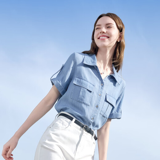 百图betu女装2025夏季新款衬衫莱赛尔莱赛尔凉感牛仔短袖上衣2505X17 牛仔色 M