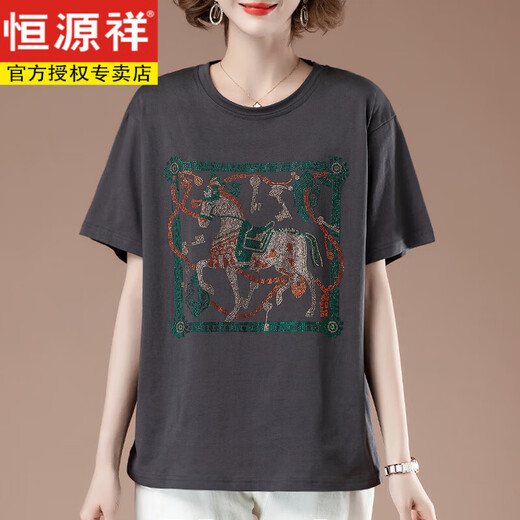 恒源祥胖mm短袖t恤女夏季大码宽松纯棉烫钻中年妈妈显瘦全棉薄款上衣女 黑色【9896款】 L 100-115斤