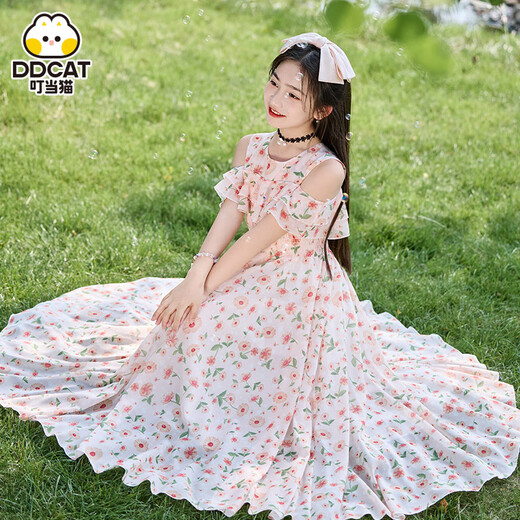 
Dingdang Cat Girls Dress Summer 2025 New Children's Dress Summer Clothing Medium-Grand Child Fashion Little Girl Floral Princess Dress 9665 Color - Long Skirt 140