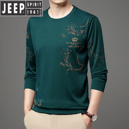 JEEP SPIRIT中青年男士夏季冰丝长袖t恤薄款圆领2023新款中年男打底衫体恤潮 B6627上青 M 165/105/48100-120斤