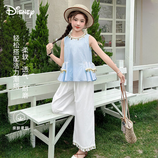 Disney girls suit summer thin girl bohemian sleeveless t-shirt wide-leg pants suit TD2ET012 blue and white 160