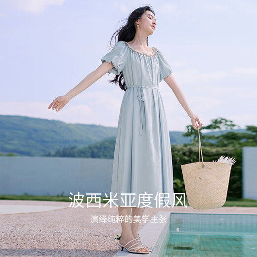 香影度假风蓝色连衣裙女泡泡袖2025夏季新款巨好看莱赛尔天丝裙子 航线蓝 M 160/84A/95-110斤