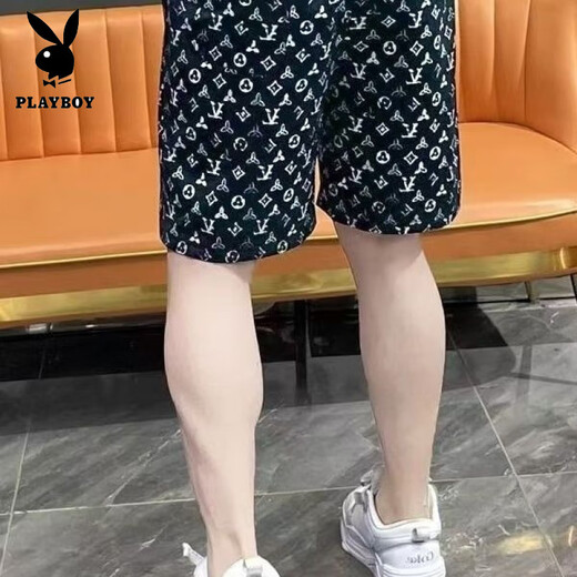 Playboy (PLAYBOY) Men's Shorts Versatile Fashion Brand Summer Five-Fifth Pants Printed Loose Trendy Beach Pants Thin New Casual Pants Clover Dark Blue Shorts L 100-120Jin [Jin is equal to 0.5 kg]