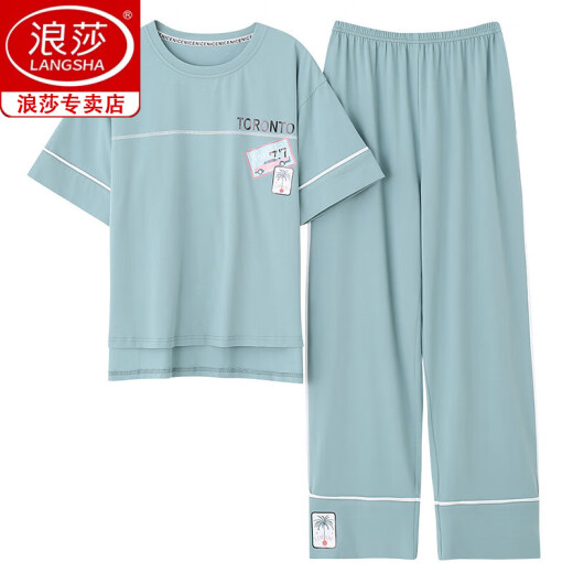浪莎（langsha）纯棉睡衣女士夏季短袖长裤薄款休闲全棉家居服两件套装可外穿 SJ7374 豆绿 M 【80-100斤】