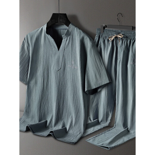 Langsha pajamas men's summer middle-aged short-sleeved trousers thin summer cool large size men's style for outdoor wear home clothing suit 9906 white [short-sleeved + shorts] suit XL [105-120Jin [Jin equals 0.5 kg]]