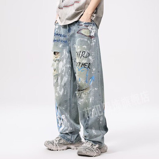 Fleurs New American Street Graffiti Color Light Ripped PEWTET Jeans Men Straight Low-Leg-Leg Men Tendance Light Bleu 3897 S