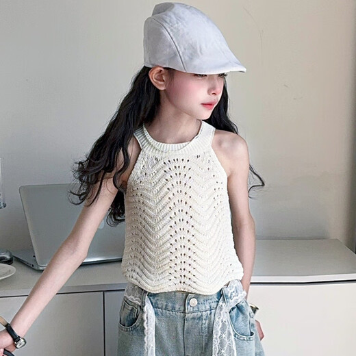 Korean version of lace ripped jeans summer girls suit medium-sized children hollow vest suit 2025 new pants [pants] lace ripped jeans 150 cm