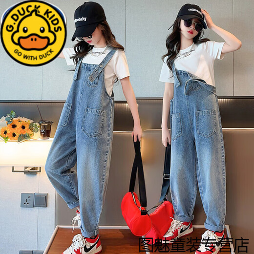 G.Duckkids de moneda de niñas Primavera y otoño Nuevo estilo Medium y grandes jeans de moda y de moda estilo coreano Corionero suelto Long pantalones azules azules retro retro overs de 160 cm