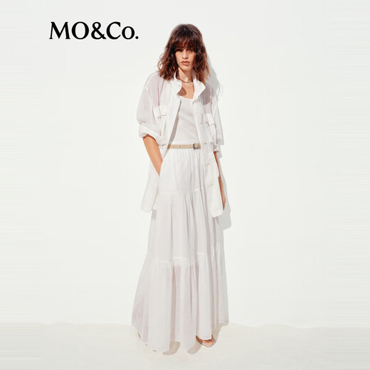 MO/Co. skirt 2025 summer new product light and thin ramie high waist flowing tower skirt long skirt white quiet luxury MBE2SKT009 This white M