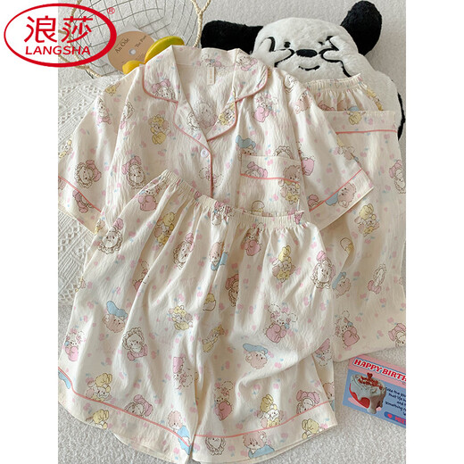 LangSha (LangSha) three-piece pajamas for women for summer short-sleeved trousers cute cartoon cardigan girl cloud cotton summer home clothing set JS-9905# black love three-piece set 2XL code 170-175 Weight 160 Jin [Jin equals 0.5 kg]