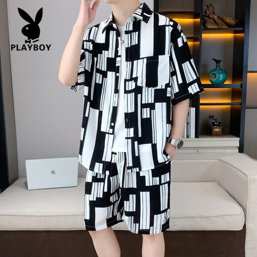 Playboy (PLAYBOY) high-end summer ice silk short-sleeved shirt suit for men casual sports beach half-sleeved shirt with shorts 679 meters white suit M 90-110Jin [Jin equals 0.5 kg]
