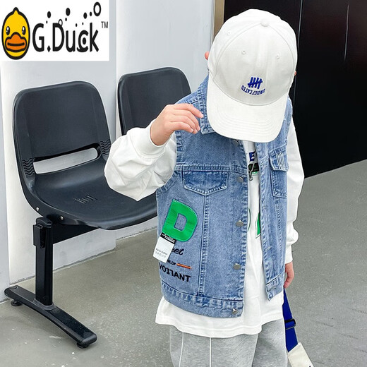 G.DUCKKIDS男童牛仔马甲春秋款2025新款儿童马夹背心中大童坎肩外套男孩衣服 蓝色(后背数字)单马甲 130 cm