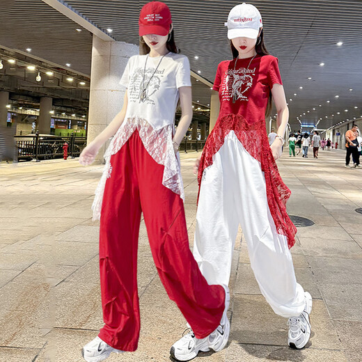 兔岚爵士舞服装女套装小个子itzy女团cake蹈表演kpop打歌服成人学生红 8827红色上衣+6627白色长.裤 M 【80-105斤】