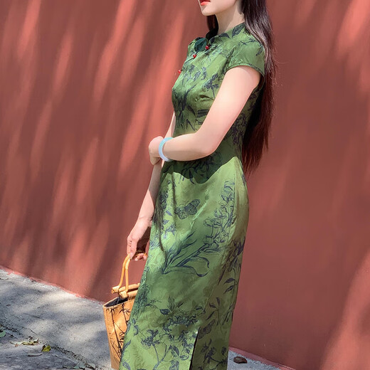 Yudingfu cheongsam Chinese style summer new Chinese style women's dress waist mid-length engagement toast dress mom green bottom printed half-sleeved cheongsam M 100-110Jin Jin is equal to 0.5 kg