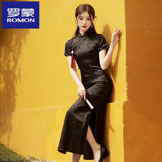 ROMON black cheongsam new style 2025 improved young style high-end temperament female sense summer slim new Chinese style long style XSG3294 pink dress length 120 cm 2XL