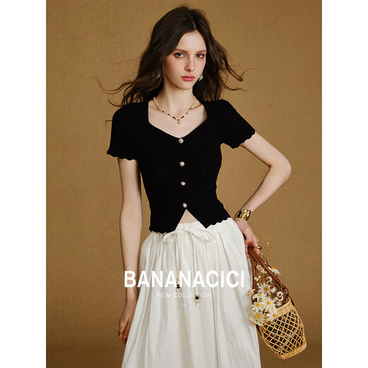 Banana CICI 2025 Été Nouveau pull à manche à manches courts à manchette courte Summer C252MY679 noir m noir M