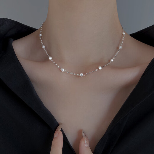 Laomiao 925 Sterling Silber Halskette für Frauen in der Sommerimitation Perle Schlüsselbein Kette Halskette Rundes Perlenschmuck Einfaches Design Nische Runde Perlen Schlüsselblattkette Silber Silber