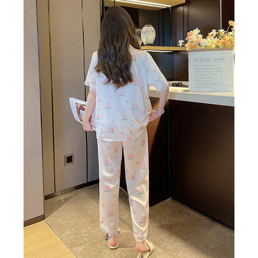 Langsha Peach Lace Pyjamas für Frauen im Sommer Ice Seidely Short-Ärmel-Hosen Süßes Zuhause YFY-9905# Kurzärmelige Hosen M Empfohlen 80-100jin [Jin ist 0,5 kg]