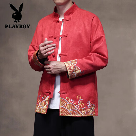 Playboy (PLAYBOY) Hanfu Men's Chinese Style Spring and Autumn Jacquard Long Sleeve Jacket New Chinese Tang Suit Loose Large Size Plate Button Jacket Red 3XL (160-180Jin Jin equals 0.5kg)