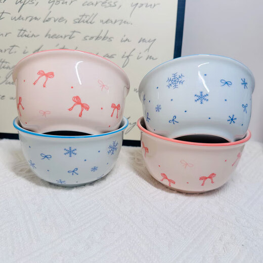 Pink and blue bow ceramic bowl home eating bowl ins high-looking underglaze color tableware dessert bowl soup bowl noodle bowl 1 bow 4.5-inch bowl