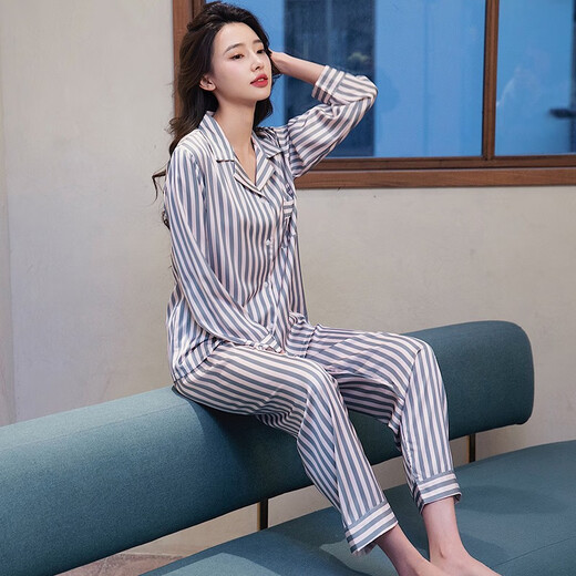 梦特娇（MONTAGUT）2025年新款睡衣女春秋款冰丝长袖条纹开衫翻领时尚网红居家服套装 xe双长6625#灰粉条纹 均码 m