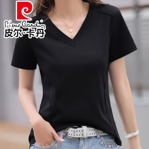 皮尔卡丹（pierre cardin）时尚休闲v领纯棉正肩短袖T恤女夏季韩版新款宽松黑色短袖薄款体恤 酒红色纯棉9855 S 85-95斤
