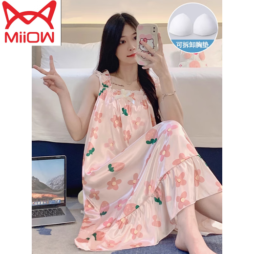 Catchero de gato (Miiow) Camislo para mujeres en verano con almohadillas de pecho de pecho de seda de seda fría pijama de verano damas dulces y lindas ropa casera primavera y otoño 3888 [almohadilla de cofre no removible] m [75-100Jin [Jin equivale a 0.5 kg]]