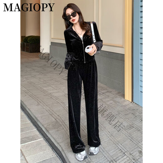 MAGIOPY国际奢侈高档品牌网红同款休闲运动套装女春高端黑色丝绒外套上衣 黑色两件套 M(101-110斤)