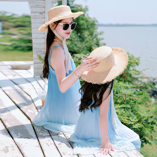 BUBBLE ORANGE Seaside parent-child wear mother-daughter dress beach 2026 summer new high-end holiday gradient suspender skirt blue dress 50 girls size 120 (recommended weight 38-45Jin Jin equals 0.5 kg)