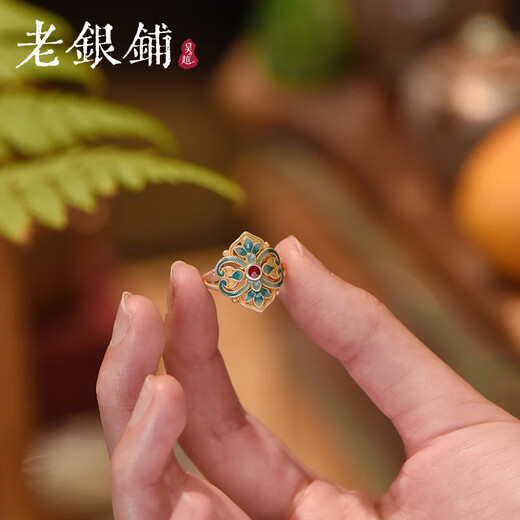 Wuyue Old Silver Shop Pure silver enamel ring Pure silver 9999 Qingwan ring National style sterling silver ring gold tracing ring Pure silver 9999 Qingwan ring opening adjustable
