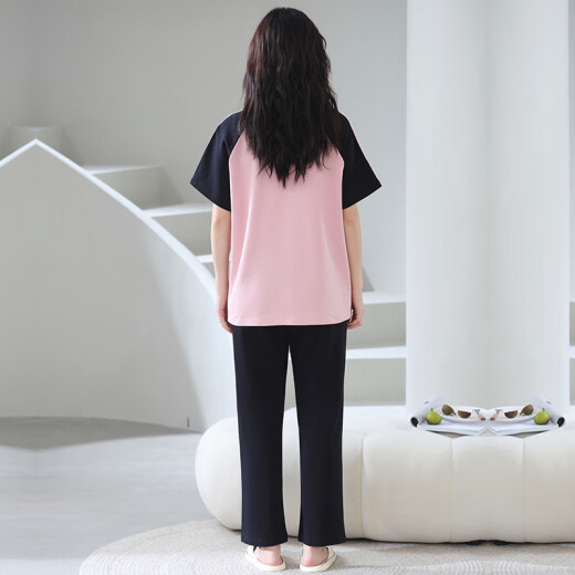 猫人100%纯棉睡衣女夏季短袖长裤休闲宽松女士家居服大码可外穿套装 688粉色 L 【建议100-120斤】