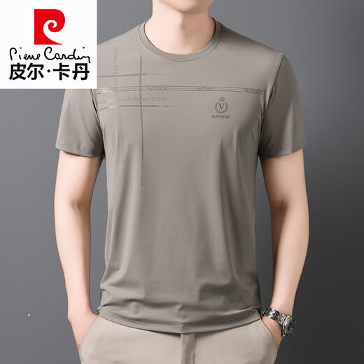 皮尔卡丹（pierre cardin）桑蚕丝短袖t恤男士夏季薄款圆领冰|丝半袖男2025年新款体恤衫T恤 733款卡其 M 165建议90斤-120斤