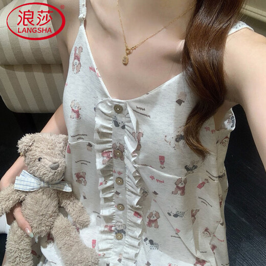 浪莎（LangSha）莫代尔无袖睡衣女夏季带胸垫可爱小狗复古风高级感吊带睡裙家居服 15902 可爱小狗 【固定胸垫】 2XL