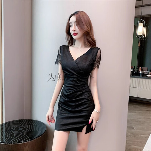 Für Zhishu Nightclub KTV sexy Kleid für Frauen Deep V Dress Spa Fußbademassage Techniker Arbeit Kleidung Hip Rock Nachtclub 3882 schwarz + 2xl empfohlen 125-135jin [Jin ist 0,5 kg]