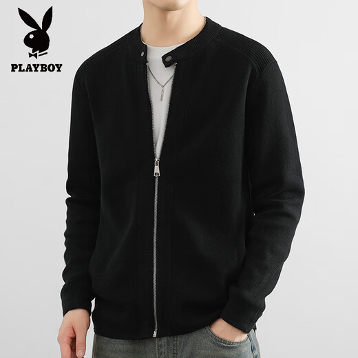 花花公子（PLAYBOY）针织开衫外套男士秋季纯色夹克轻熟风高端男款棒球领外穿毛线衣 灰色 M 110斤以内